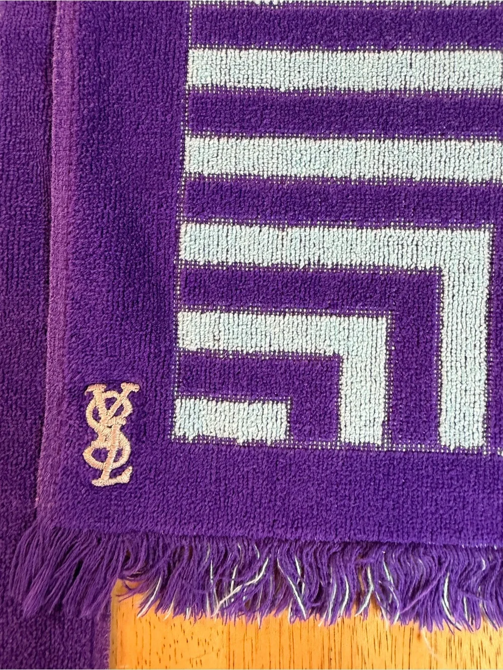 Vtg YSL Yves Saint Laurent Fieldcrest Hand Towel Set 2 FringePurple/Teal Stripe